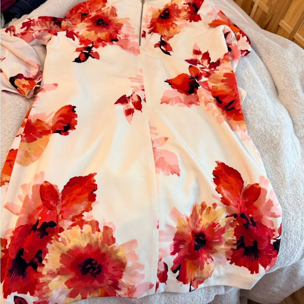 Calvin Klein White Dress with Red, Orange & Pink Floral Print